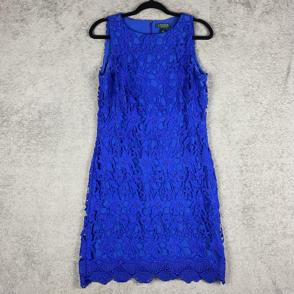 Lauren Ralph Lauren Dress Womens 8 Floral Lace Sleeveless Festive Cocktail Party - Picture 1 of 12